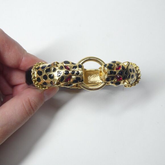 Double Leopard Head Bracelet KJL Kenneth Lane Black Gold Rhinestone Bangle Vtg - Picture 4 of 8